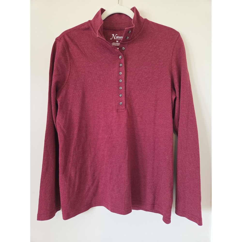Natural Reflections Womens Burgundy 10-Button Mock Neck Henley Top Medium